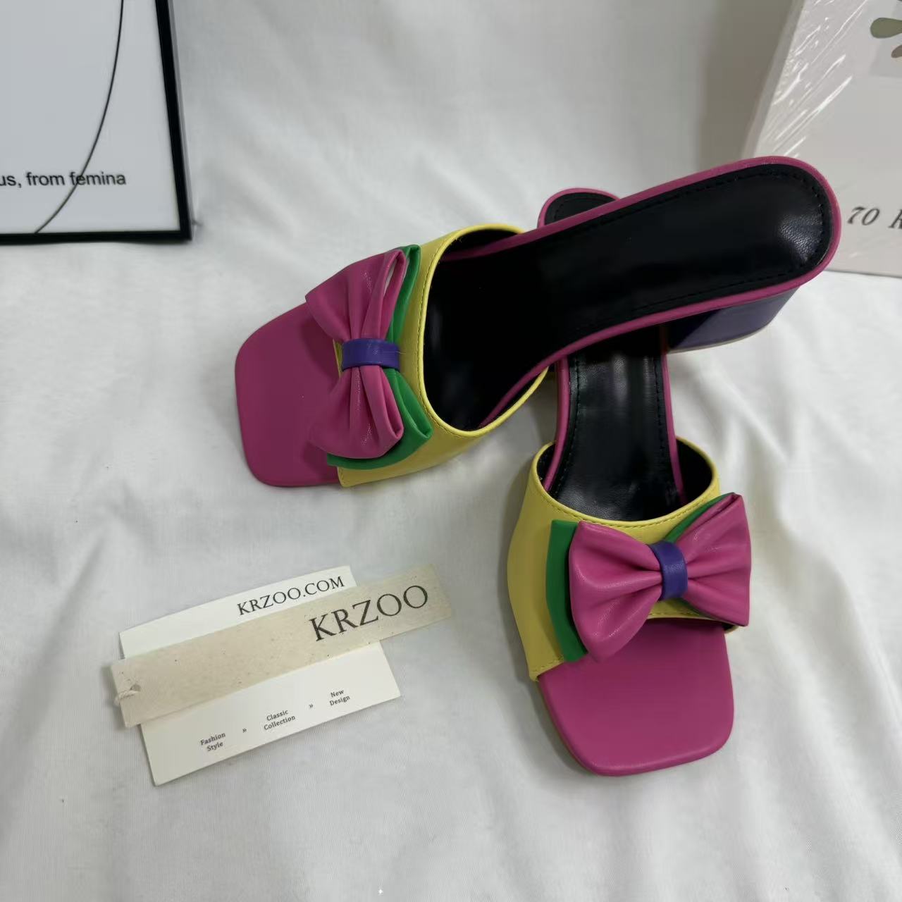 Square-Toe Mid-Heel Bow Slide Sandals