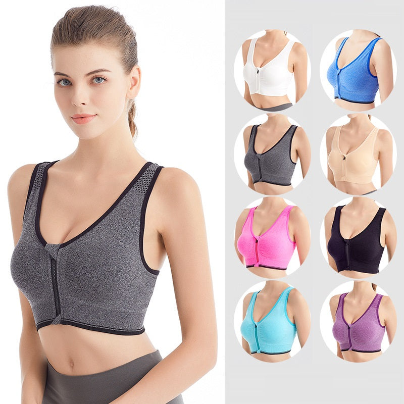Large Size Front Shockproof Wire-Free Zipper Sports Bra