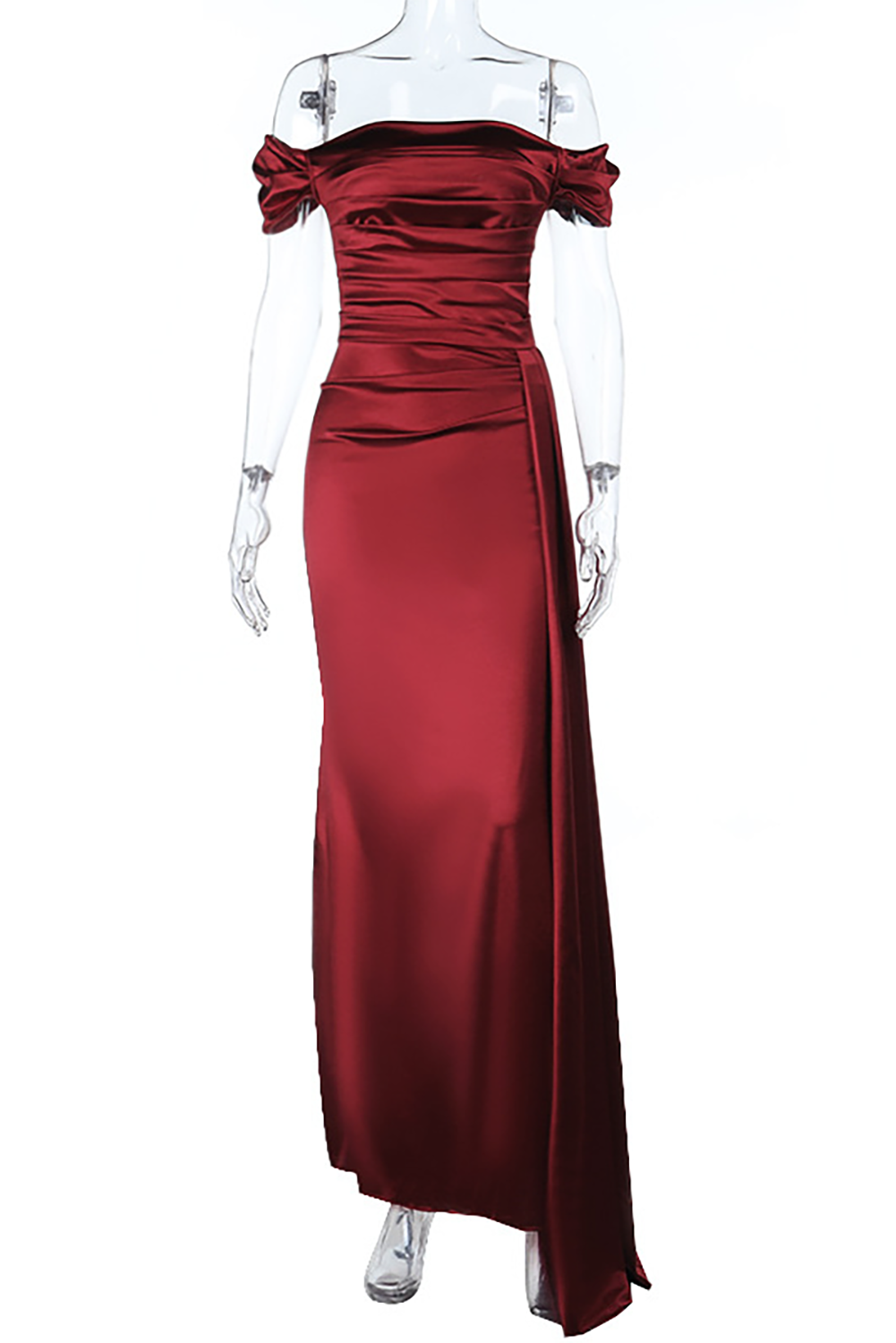 Off Shoulder Ruched Cinch Waist Bodycon Satin Slit Gowns Maxi Dresses-Red