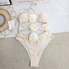 One-piece solid-color floral swimsuit