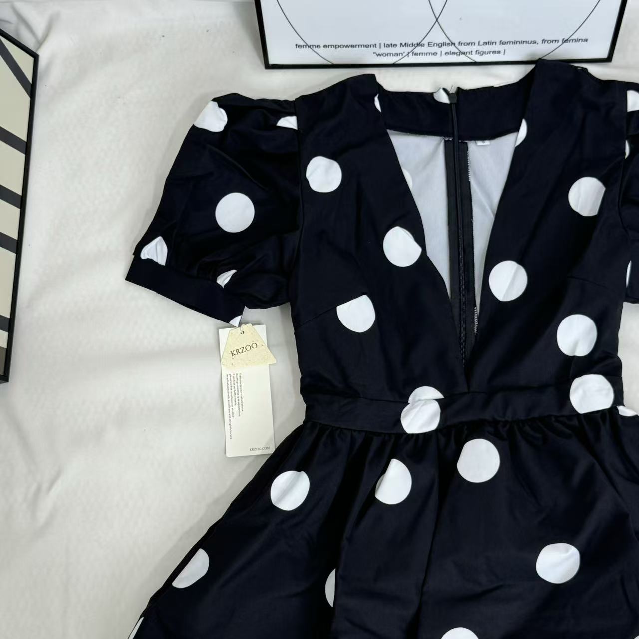 Printed Deep-V Polka-Dot A-Line Dress