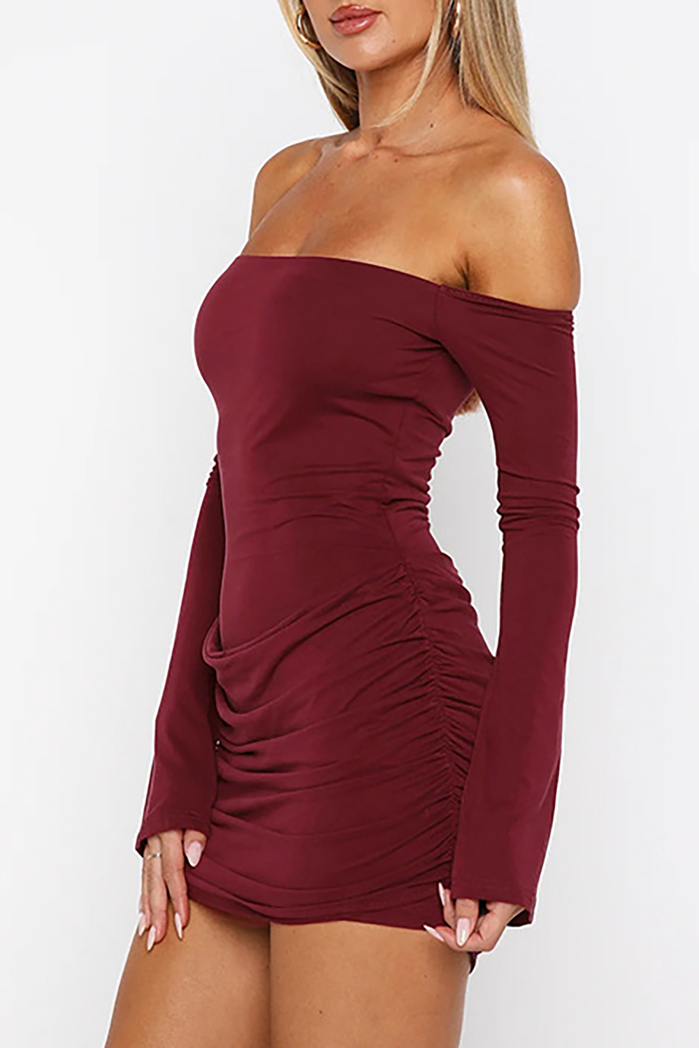 Off Shoulder Boat Neck Long Sleeve Ruched Slim Fit Mini Dresses-Burgundy