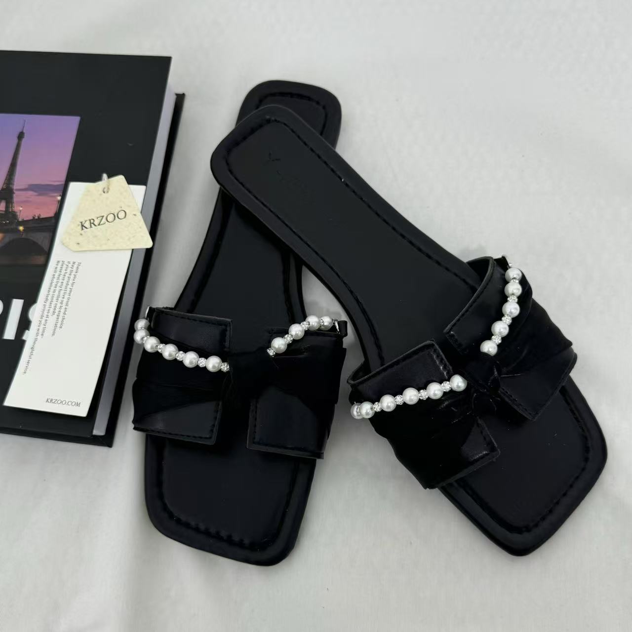 Black Bow-Detail Flat Slides