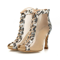 Women's Satin Rhinestone Customized Heel Dance Boots Salsa Shoes Ballroom Dance Shoes