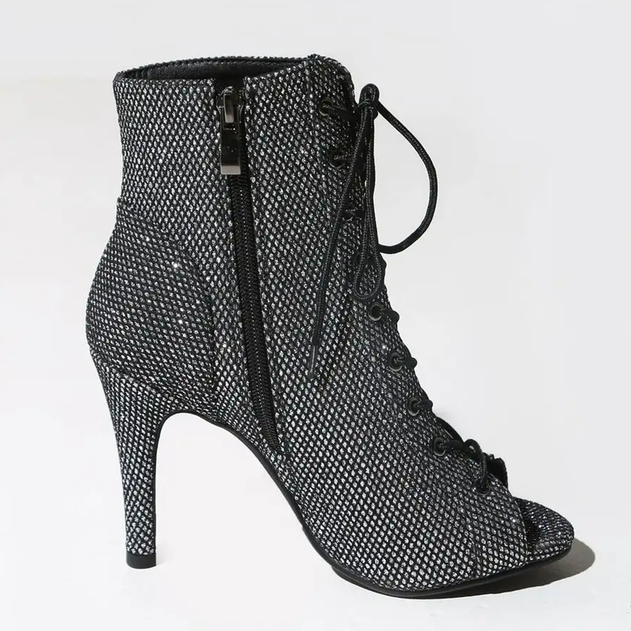 Women's Black 7.5cm/10cm Slim Heel Rubber Sole Leatherette JazShoes Open Toe Dance Heels Boots