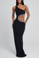 One Shoulder Cutout Chain Slim-Fit Glitter Maxi Dresses-Black Pre Order