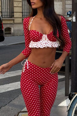 Polka Dot Colorblock Halter Top Crop Leggings Shrug 3pcs Set-Red Pre Order