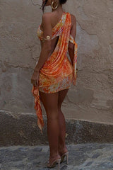 Pattern Print Cutout Ruffled Irregular Mini Dresses Orange