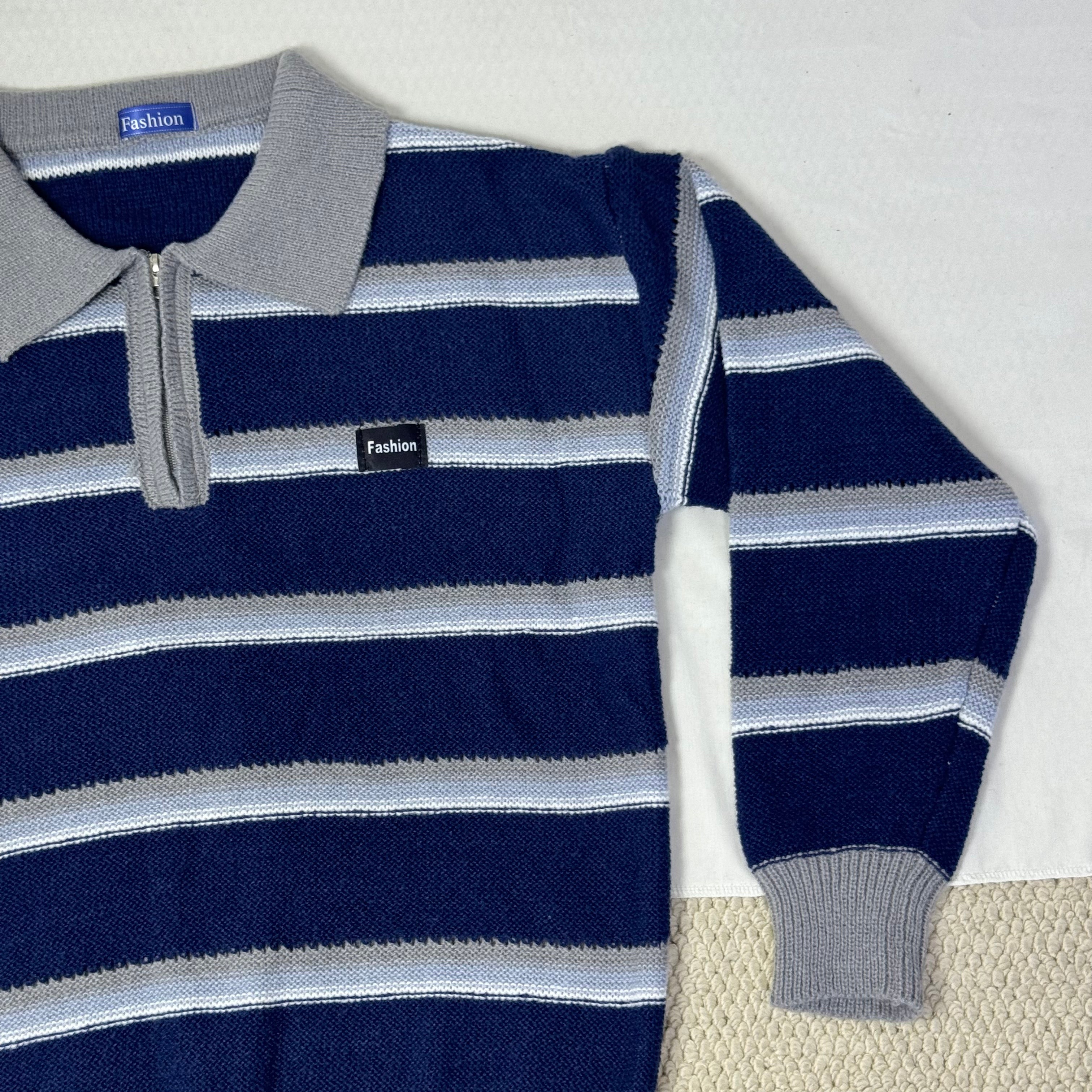 Striped polo-neck relaxed style knit top