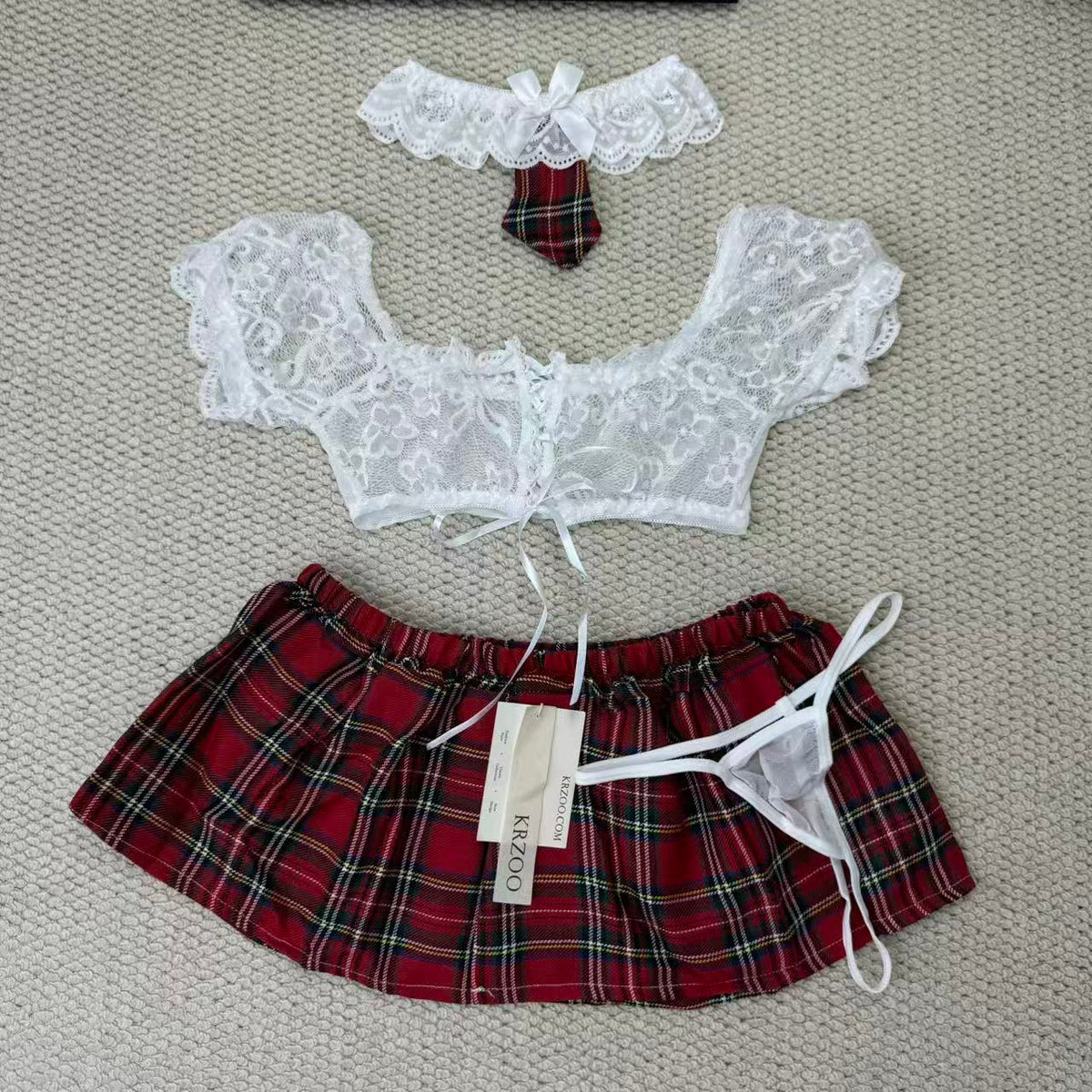 Belted lace-checkered short dress set