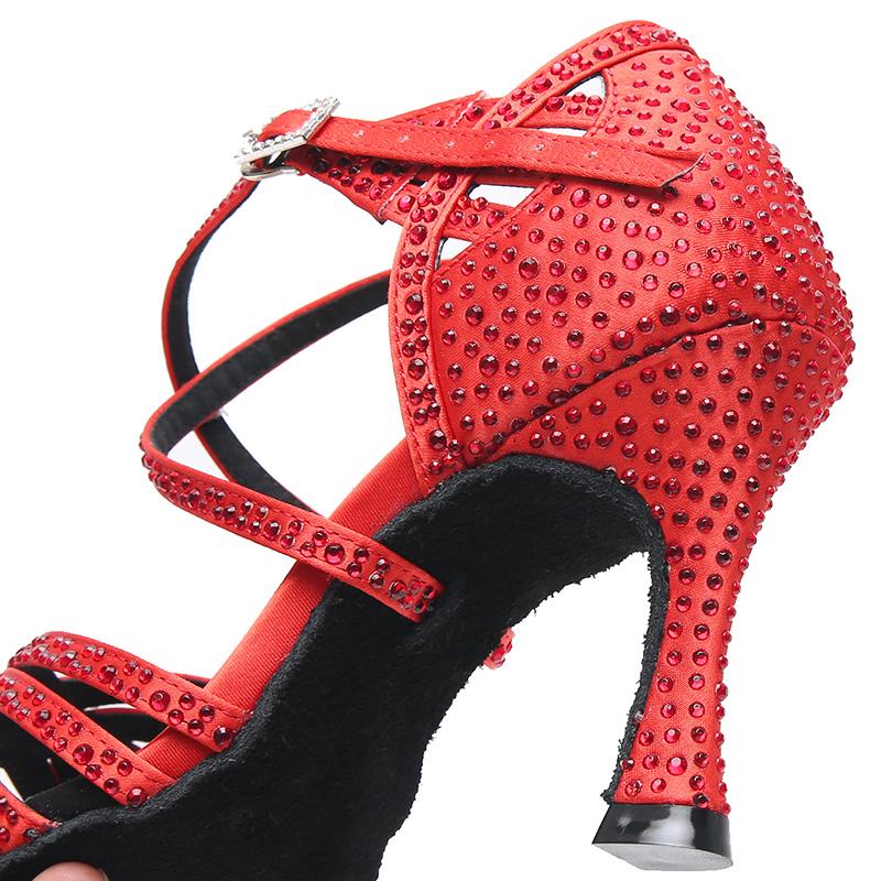 Women's Red Customized Heel Open Toe Strappy Dance Shoes with Crystals