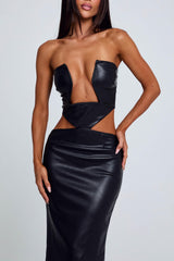 Irregular Neck Cutout PU Leather Party Tube Maxi Dresses-Black Pre Order