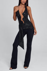 Halter V Neck Sequin Sash Top Bodycon Pants 2pcs Set-Black Pre Order