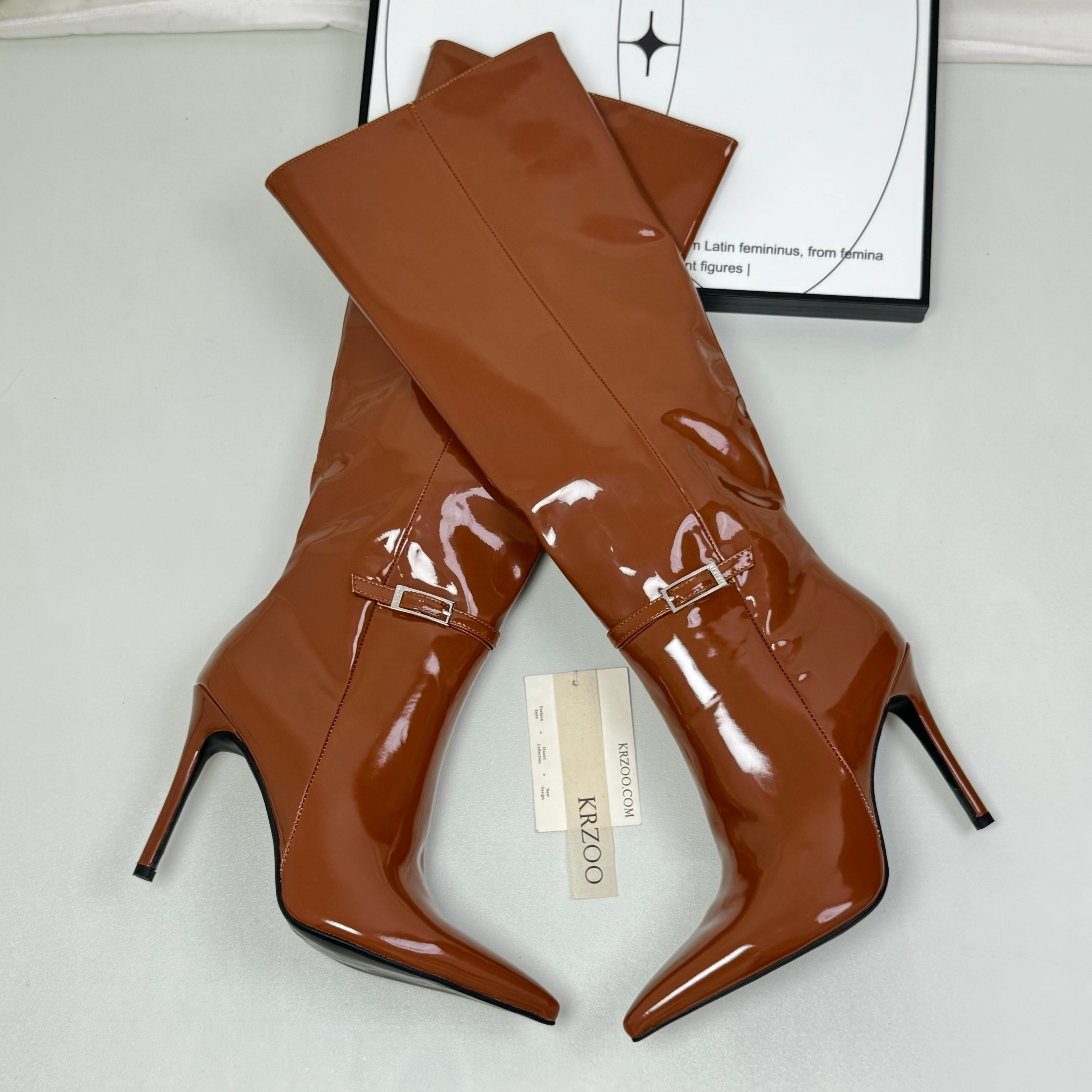 Pointed leather belt buckle straight boot