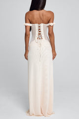 Off Shoulder Mesh Patchwork Rosette Ruffle Maxi Dresses-Beige Pre Order