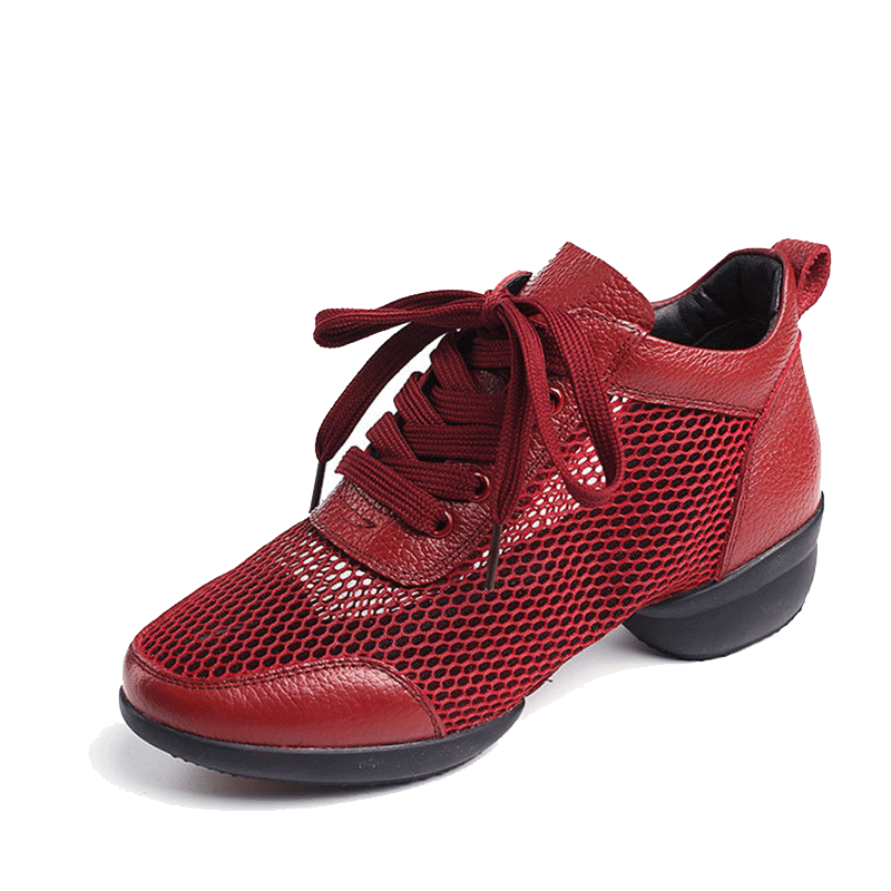 Women's Leather Mesh Lace-up 4cm Heel Dance Sneakers Practice Dance Shoes JazDance
