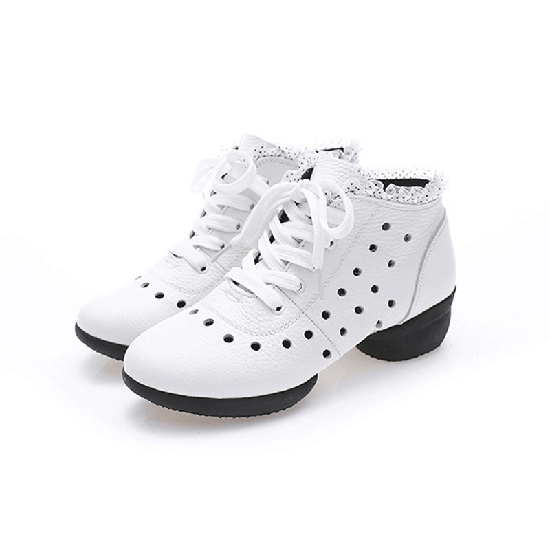 Women's Leather Hollow Out Lace-up 4cm Heel Dance Sneakers Practice Dance Shoes JazDance