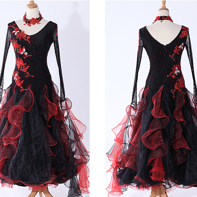 Women's Long Sleeve Lace Diamond WaltBallroom Dance Competition Modern Dance Large Swing Dress