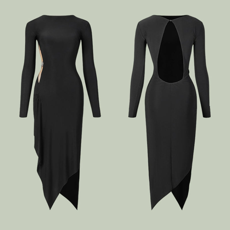 Women's Black Round Neck Long Sleeve Backless Elegant Dance Dress Dance Wear