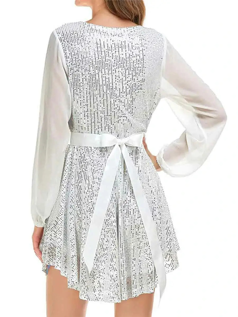 V-neck long-sleeve belted sequin white cocktail dress