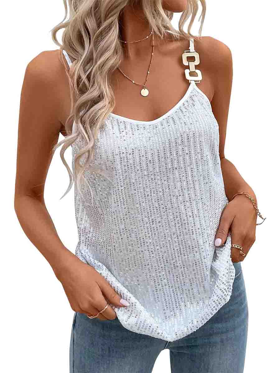 V Neck Sleeveless Camisole Sparkly Silver Tank Top