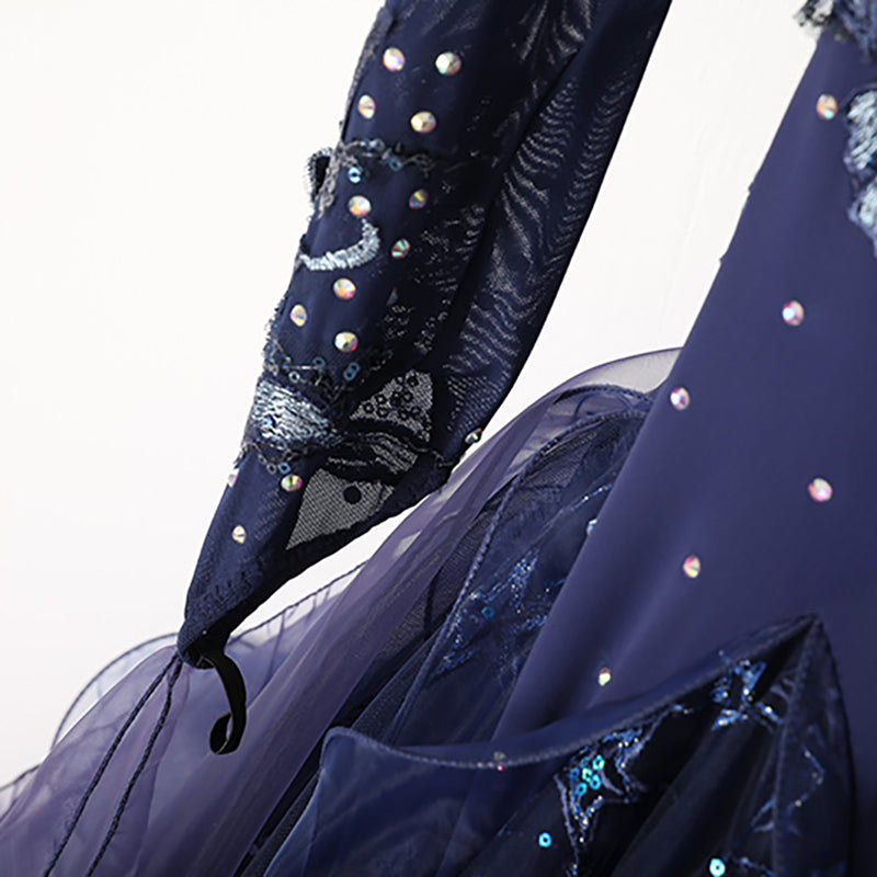 Women's Long Sleeve Navy Blue Lace Diamond WaltBallroom Dance Competition Modern Dance Large Swing Dress