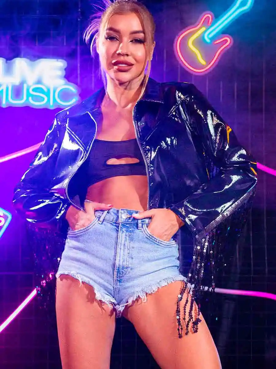 Stylish Women's Black Sequin Fringe Jacket