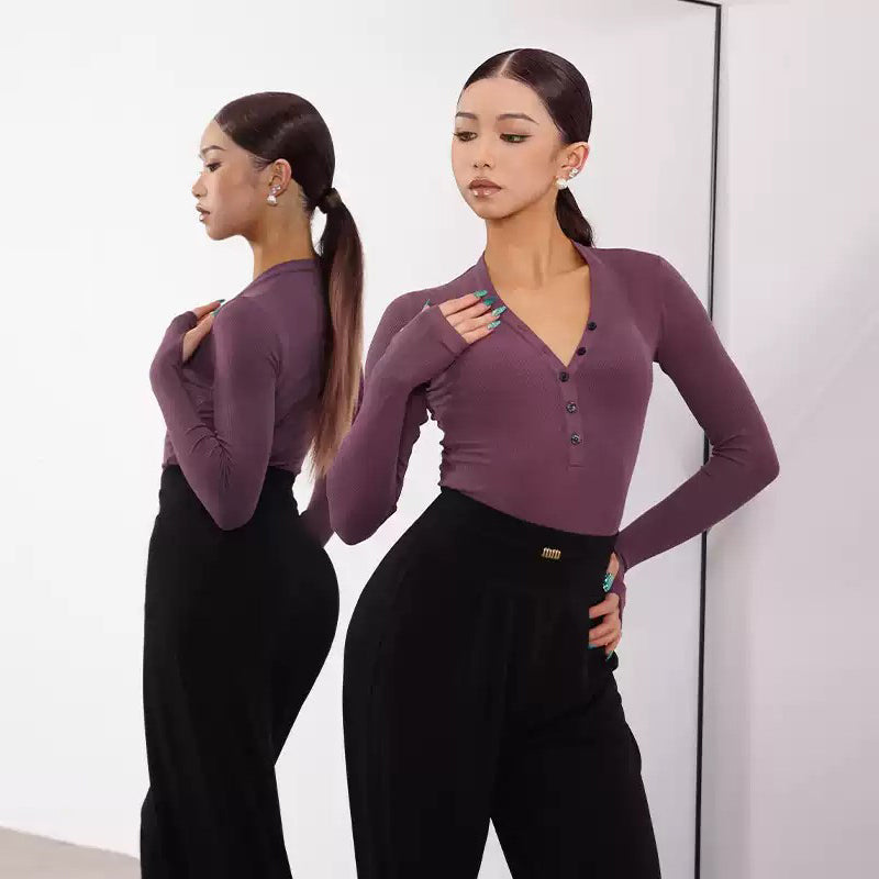 Women's Purple Long Sleeve Dance Tops Bodysuit LeotarPractice DanceWear