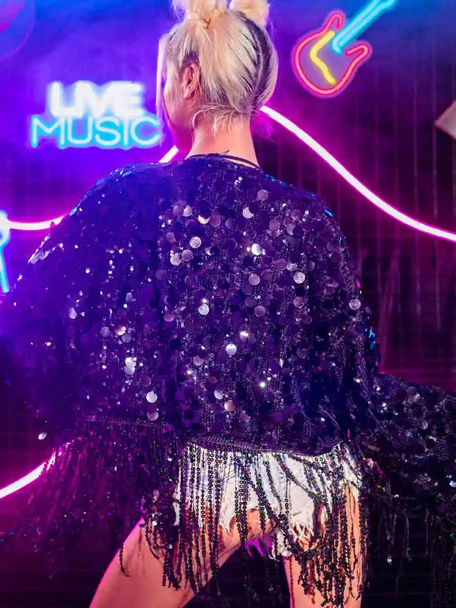 Women's Fringed Black Sequin Jacket Top