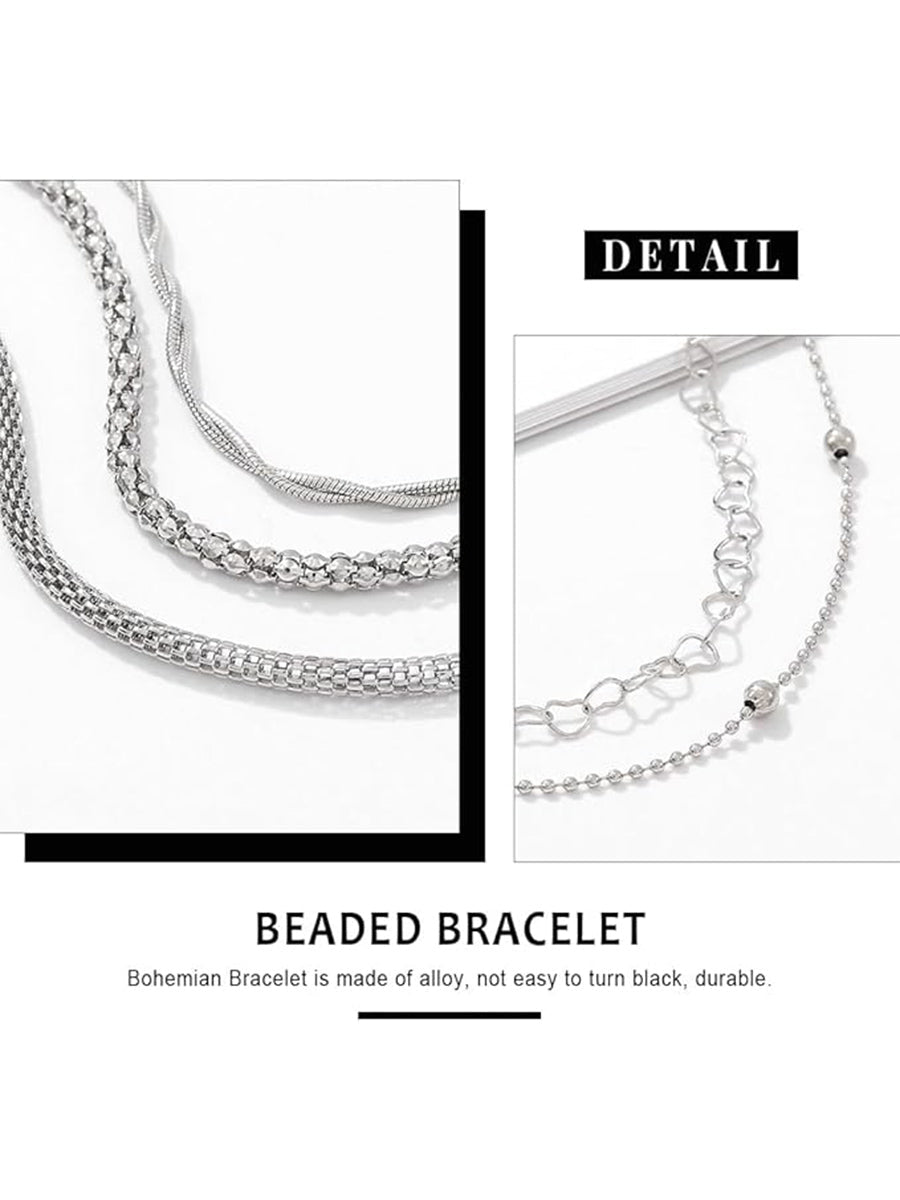 Layered Beaded Silver Heart Bracelet Set (6 Pieces)