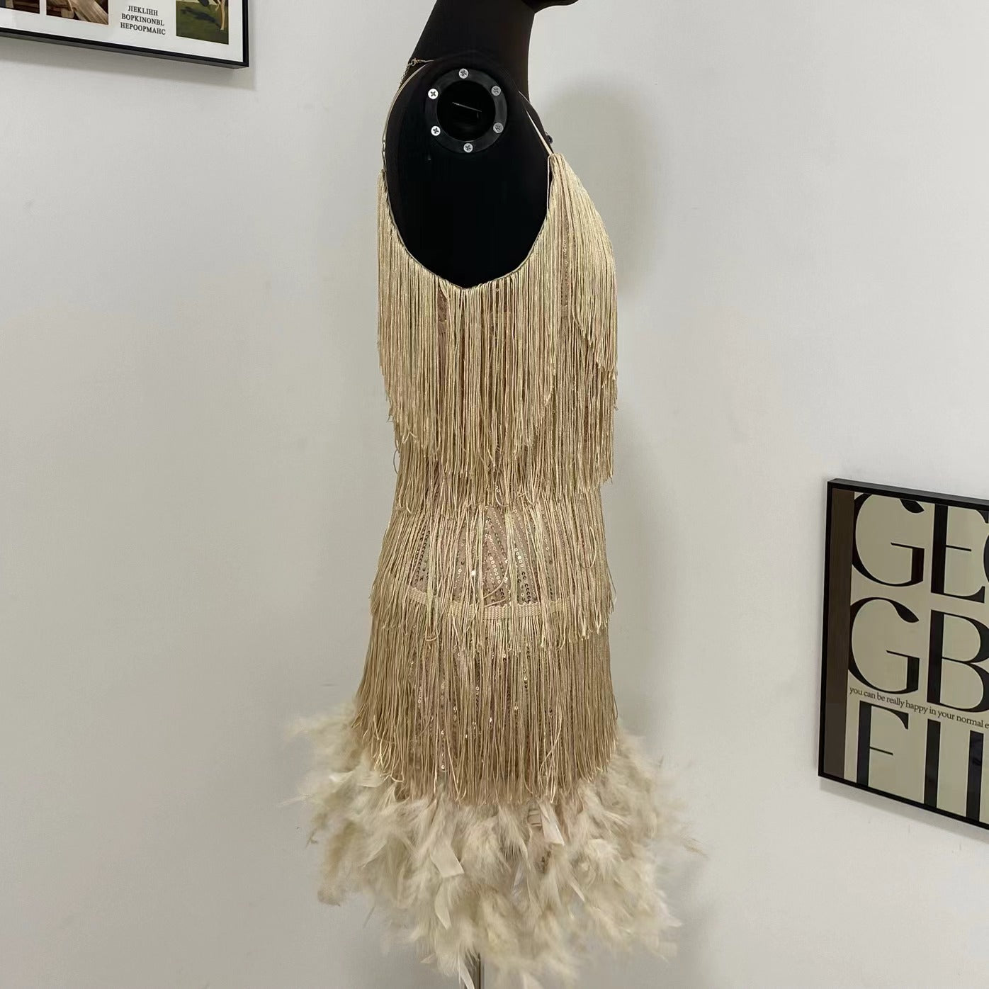 Fringed Sequined Feather Panel Dress