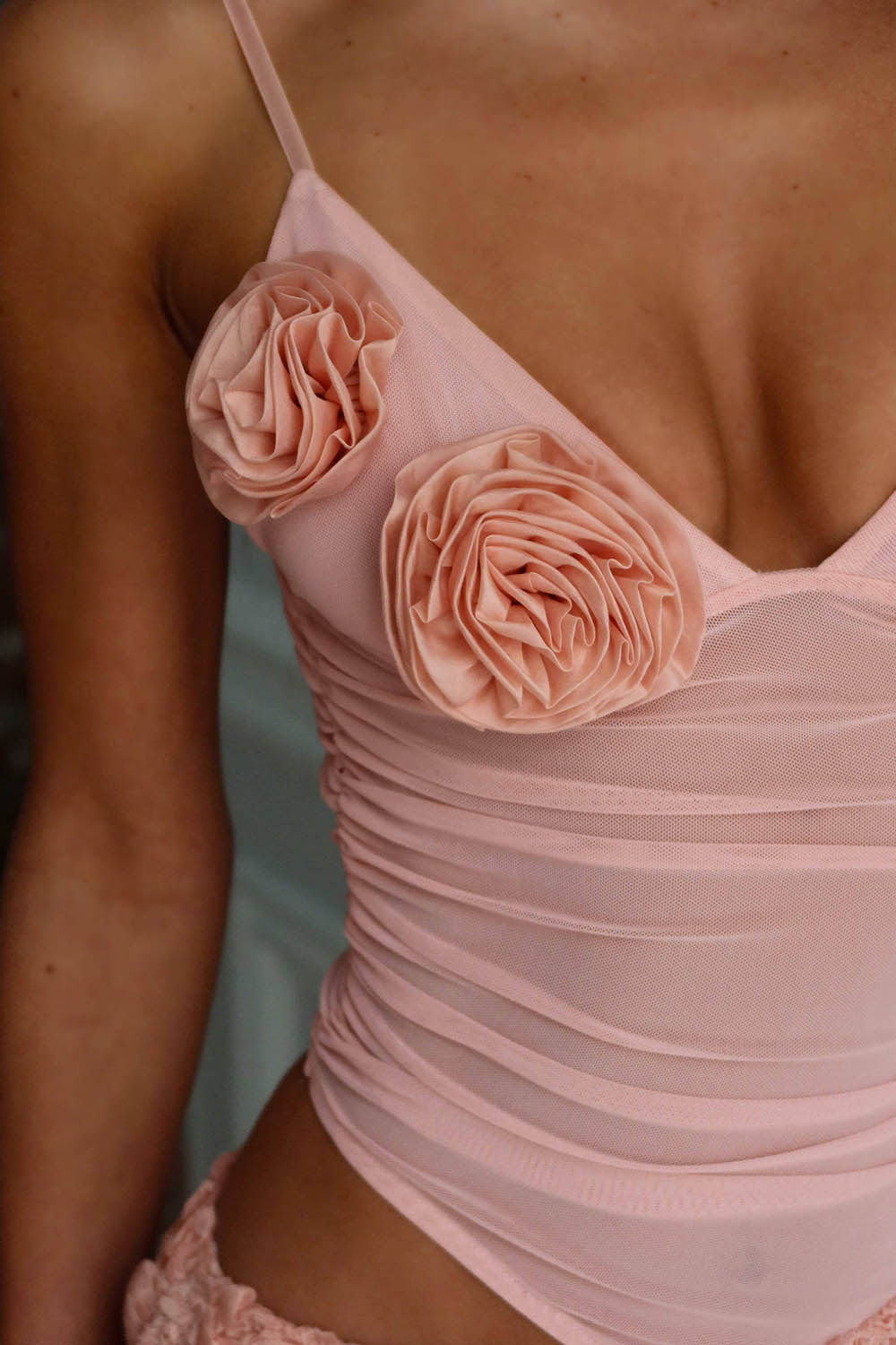 Rosette V Neck Cami Bodysuit Textured Mini Skirt 2pcs Set-Pink Pre Order