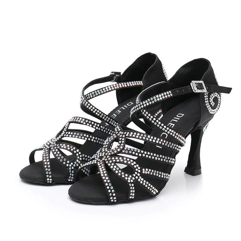 Women's Black Satin Customized Heel Ballroom Rhinestones Strappy Dance Shoes