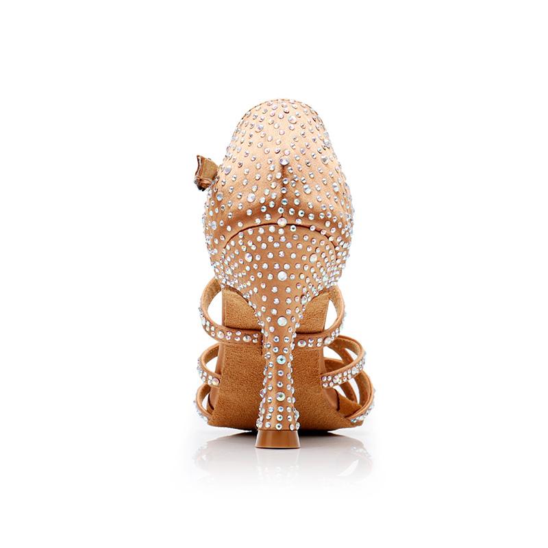 Women's Bronze Satin Rhinestone Customized Heels Ballroom Latin Dance Shoes
