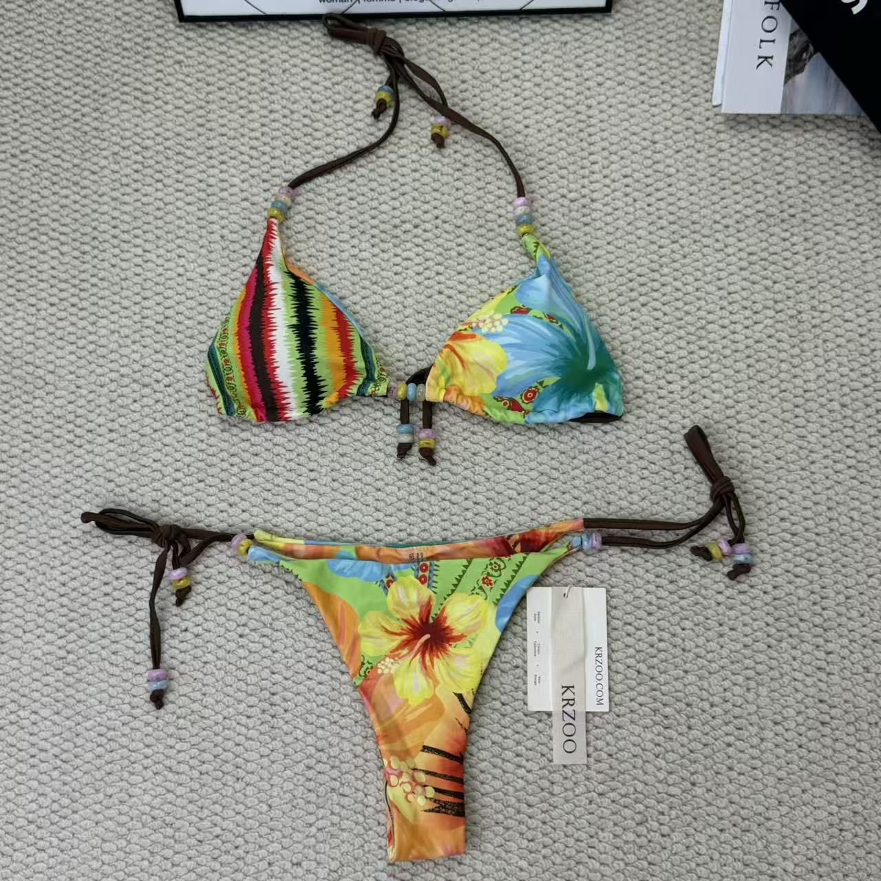 Tropical flower print beaded strapless bikini