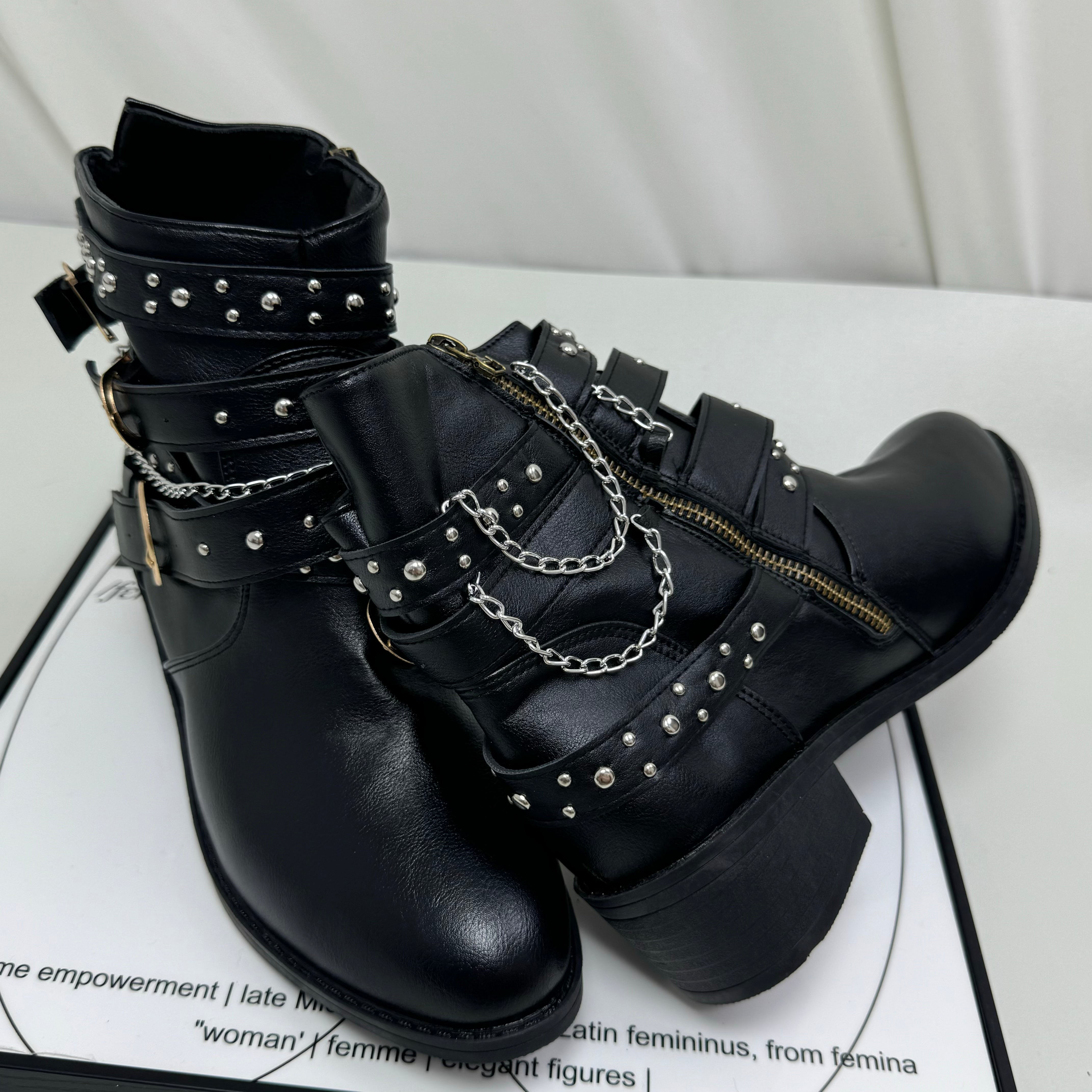 Punk-style rivet mid-calf boots