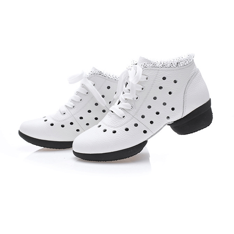 Women's Leather Hollow Out Lace-up 4cm Heel Dance Sneakers Practice Dance Shoes JazDance
