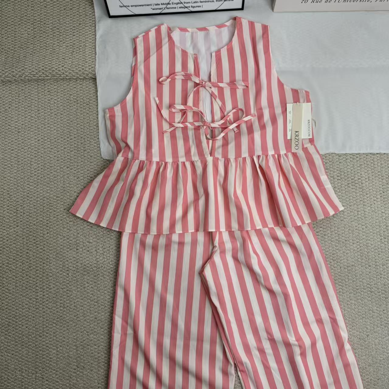 V-neck striped lace-up pants casual suit