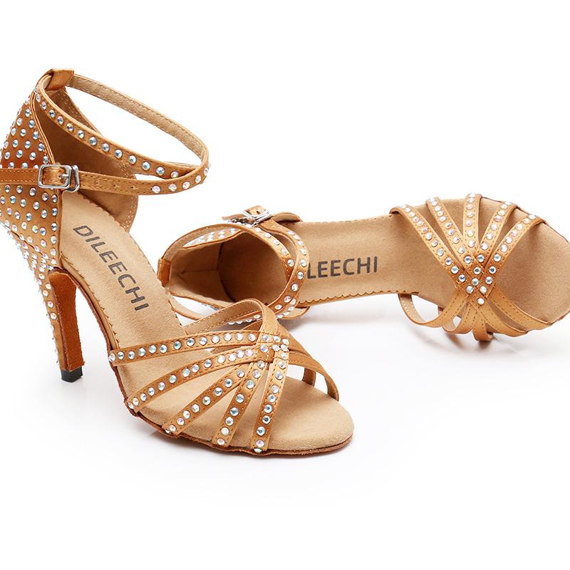 Women's Bronze Satin Rhinestones Customized Heel Latin Dance Shoes