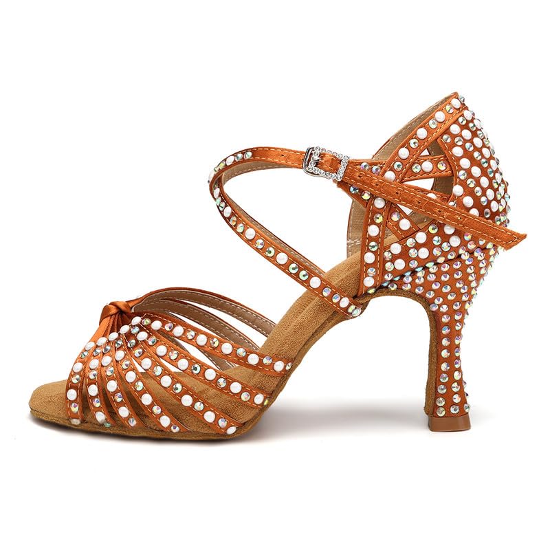Women's Brown Rhinestone Customized Heel Satin Strappy Knot Latin Dance Shoes