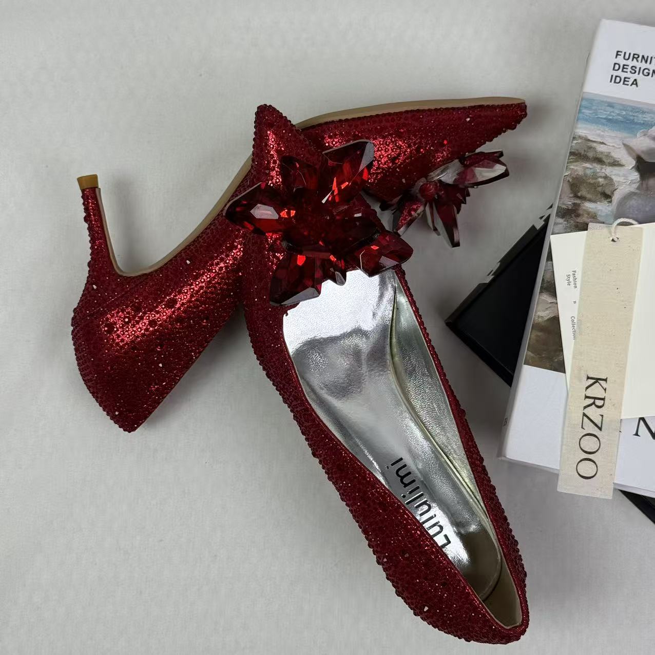 Pointed-toe rhinestone high heels