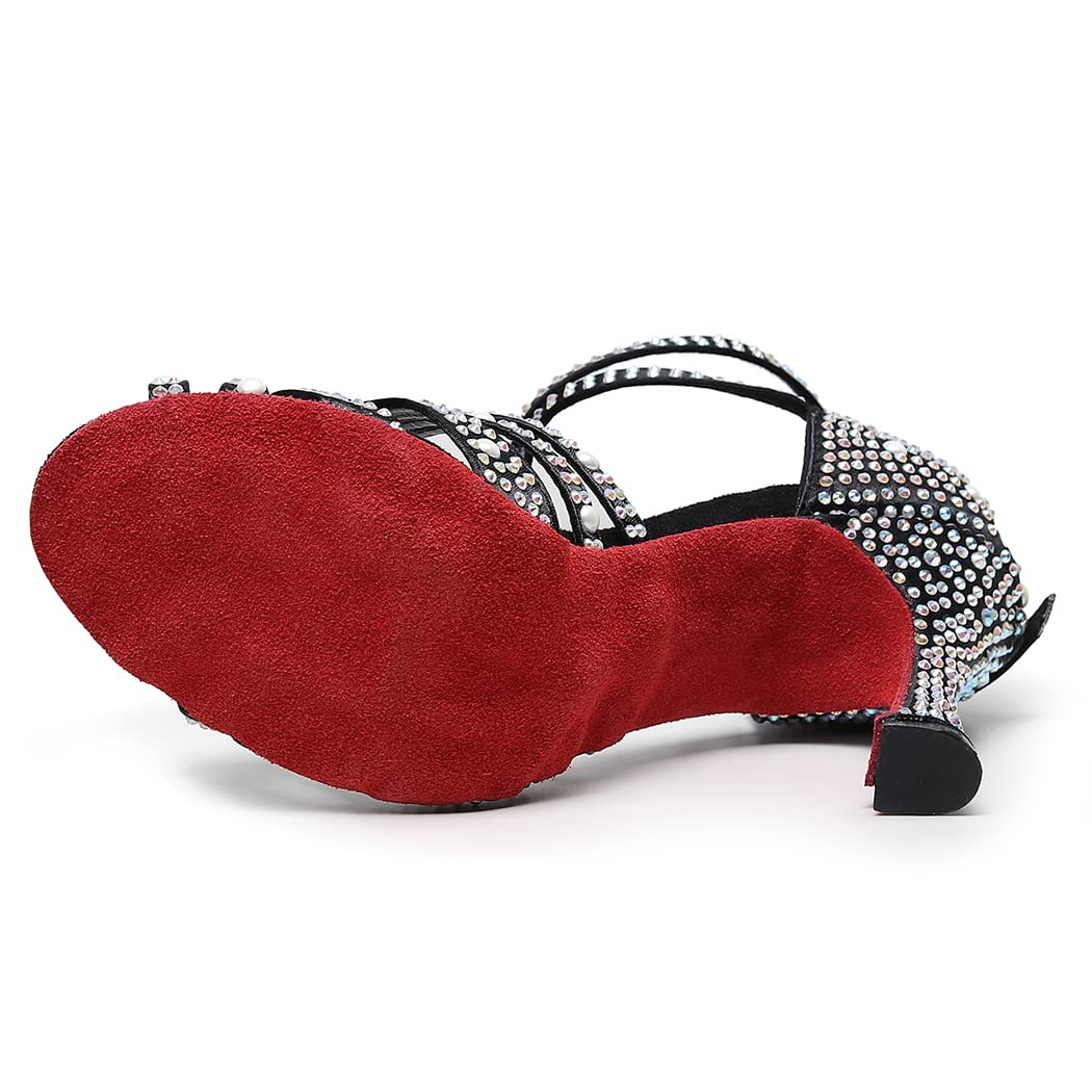 Women's Black Customized Heel Satin Rhinestones Strappy Ballroom Latin Dance Shoes