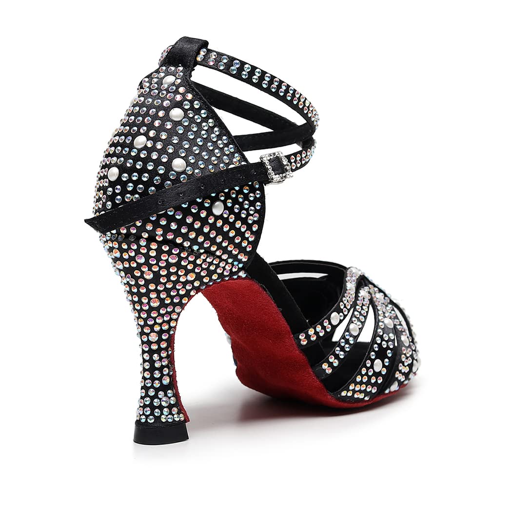 Women's Black Customized Heel Satin Rhinestones Strappy Ballroom Latin Dance Shoes