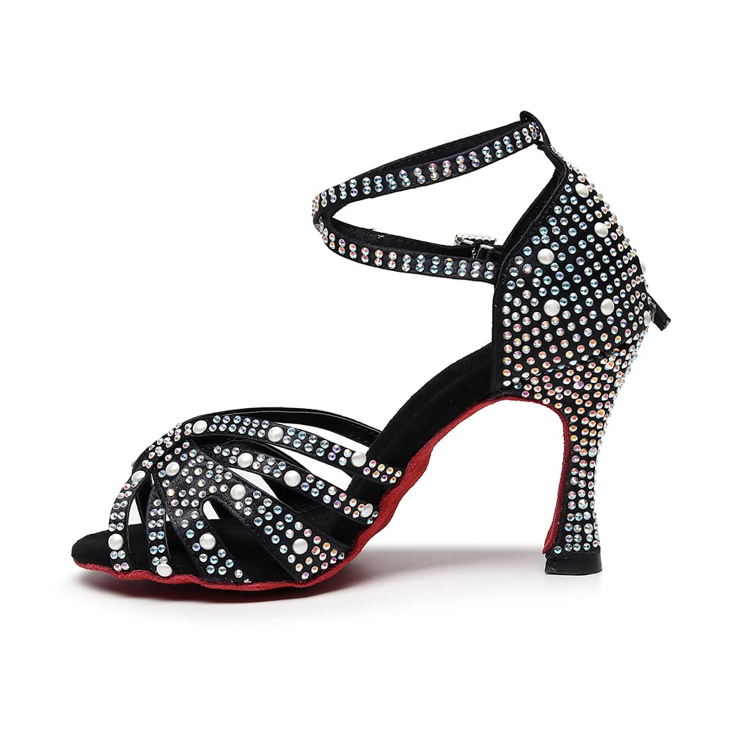 Women's Black Customized Heel Satin Rhinestones Strappy Ballroom Latin Dance Shoes