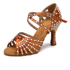 Women's Brown Rhinestone Customized Heel Satin Strappy Knot Latin Dance Shoes