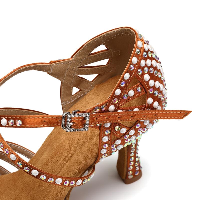 Women's Brown Rhinestone Customized Heel Satin Strappy Knot Latin Dance Shoes