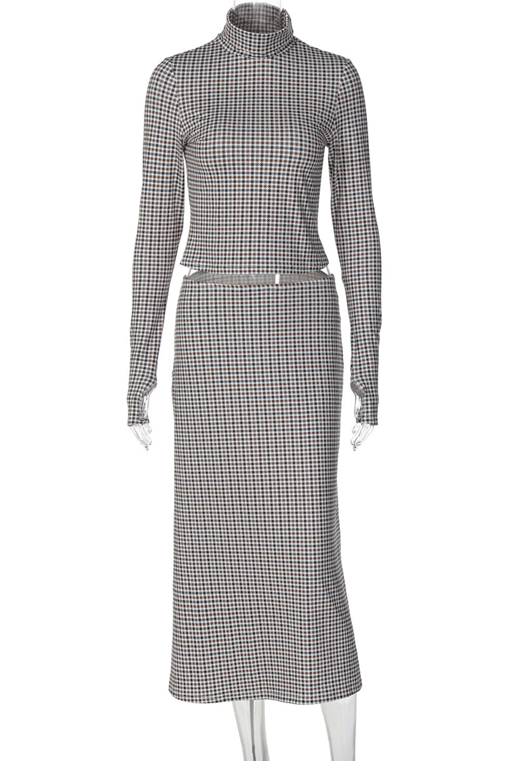 Plaid Print High Neck Long Sleeve Crop Top Fitted Midi Skirt Set-Coffee