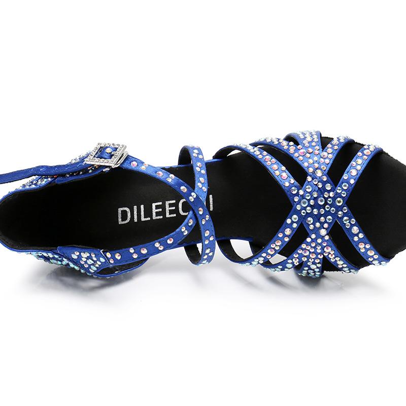 Women's Blue Black Satin & Rhinestones Sandal Customized Heel Latin Dance Heels