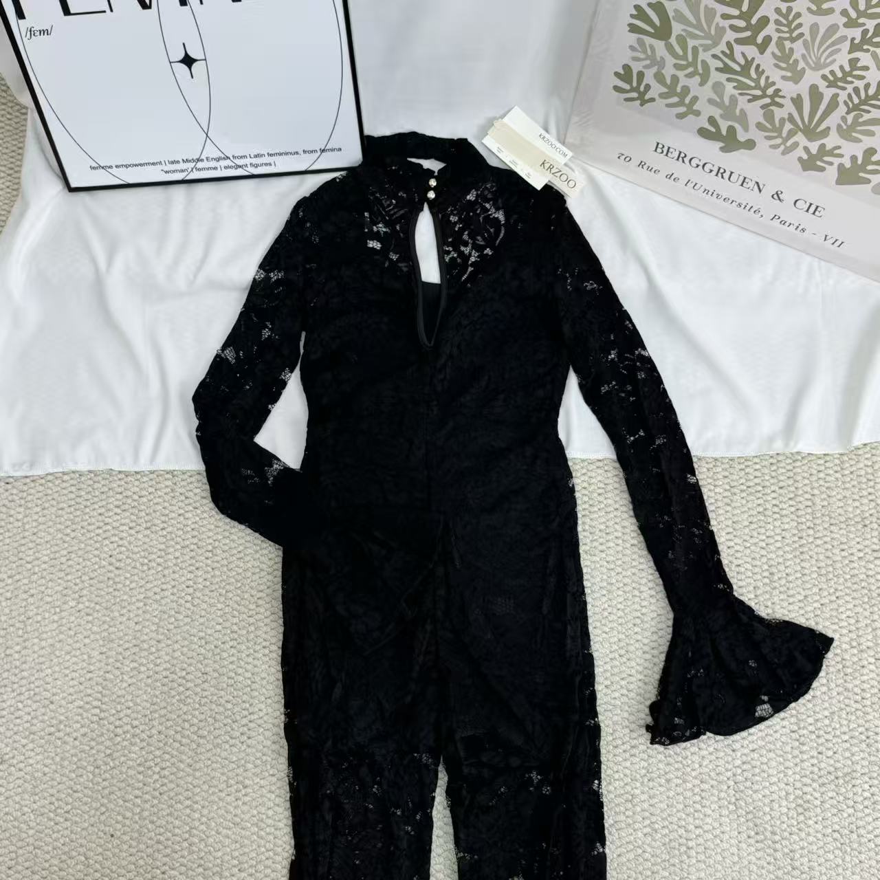 Lace Jumpsuit With Slit Flared Sleeves