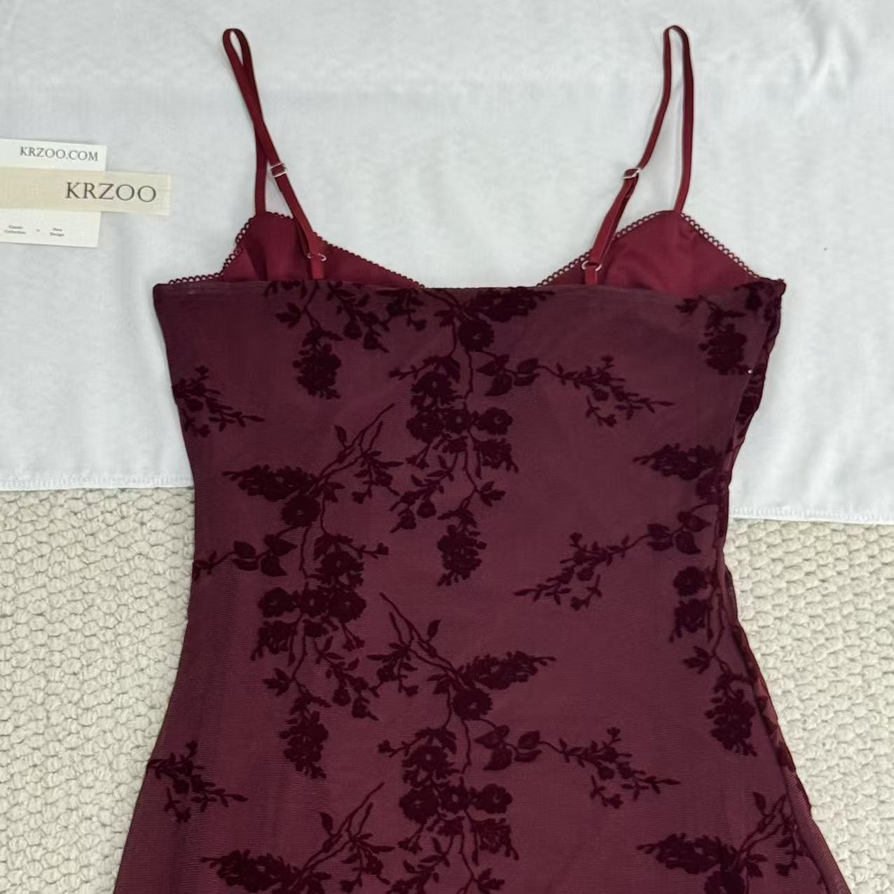 French-style retro flocking printed halter dress